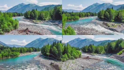航拍新疆河流、绿色森林和山地景观高清在线视频素材下载