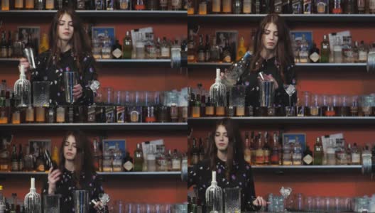 年轻的成年女性调酒师在酒吧调制玛格丽塔鸡尾酒高清在线视频素材下载