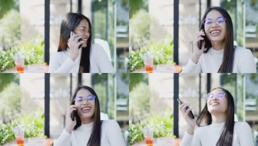 亚洲妇女在电话交谈和微笑幸福地与爱和承诺沟通微笑为彼此高清在线视频素材下载