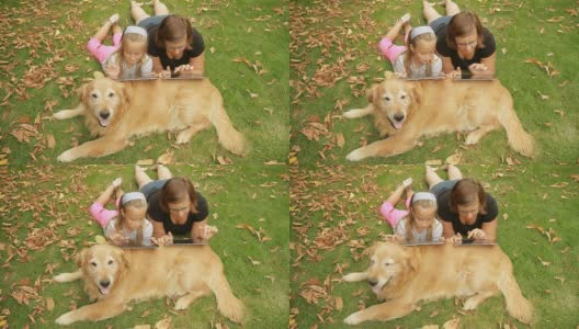 高清多莉:女孩在狗的背上使用数字平板电脑高清在线视频素材下载