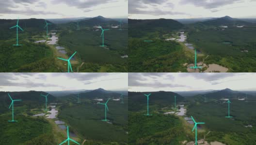 风力发电的鸟瞰图与绿色能源产生的运动图形概念。未来科技的数码效果。高清在线视频素材下载