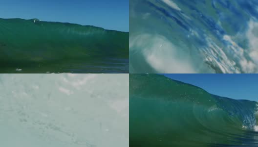 这是一个完美的玻璃波POV，在加利福尼亚夏天的阳光下，在浅沙滩上，海浪打破了摄像机。慢动作在红龙上以300FPS的速度拍摄。高清在线视频素材下载