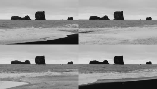 冰岛Reynisfjara海岸上的Reynisdrangar全景图高清在线视频素材下载