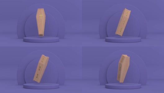4k分辨率的视频:木制棺材与金十字和把手旋转在紫罗兰非常佩里圆筒产品舞台底座上的紫罗兰非常佩里背景循环动画高清在线视频素材下载