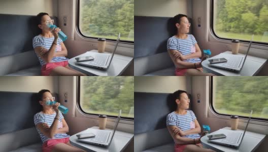 一个年轻的女孩坐在火车上。高清在线视频素材下载