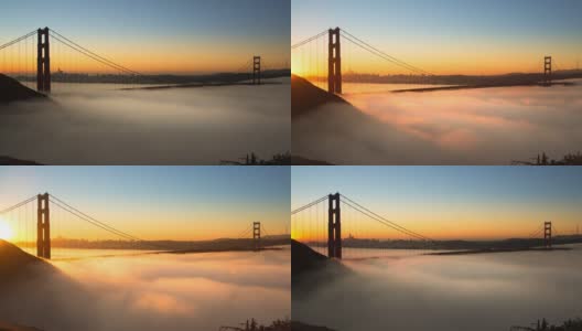 金门大桥壮观的日出和低雾。高清在线视频素材下载