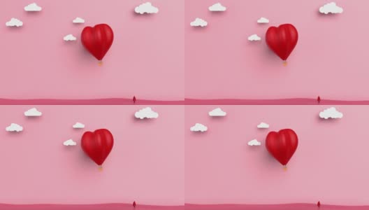 纸工艺情人节贺卡与大红色热气球在心脏形状与抽象金字塔在4K分辨率高清在线视频素材下载