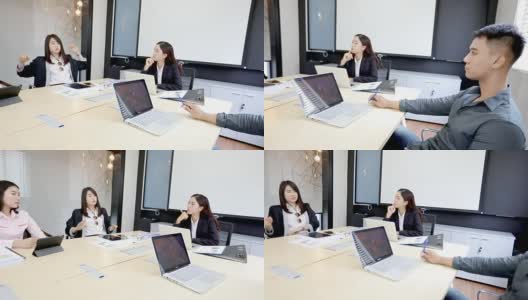 亚洲商务女性和团体使用笔记本开会和商务女性微笑愉快的工作高清在线视频素材下载