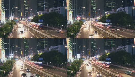 广州城市街道上繁忙的交通和现代化的建筑在晚上，时间流逝。高清在线视频素材下载