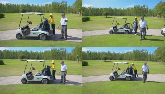 4K亚洲高级男子驾驶高尔夫球车在高尔夫球场与女球童高尔夫球草地高清在线视频素材下载