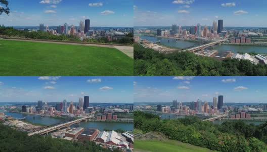 上升宽空中建立匹兹堡天际线的镜头高清在线视频素材下载