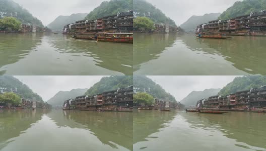 凤凰古城的时间流逝与传统的船在雨天高清在线视频素材下载