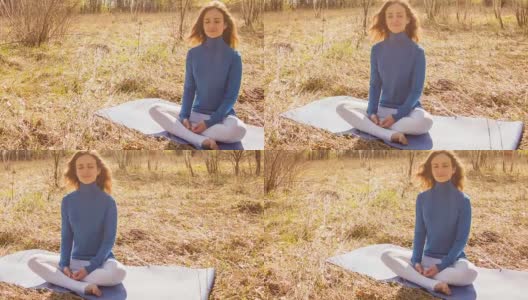 一个年轻女子在春天的森林里练习瑜伽。高清在线视频素材下载