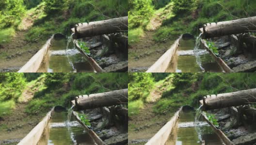 木制饮用自然喷泉。清凉的山水，秋林溪流。地球生态高清在线视频素材下载