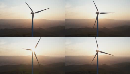 航拍风力发电机旋转的力量，并产生可再生能源的绿色生态方式，以太阳照耀地球。高清在线视频素材下载