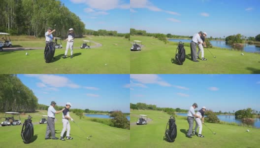 4K亚洲老人教他的成年儿子在高尔夫球场打高尔夫球。高清在线视频素材下载