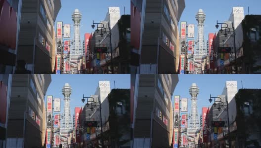 Tsutenkaku Tower Shinsekai District Shopping Street,Timelapse高清在线视频素材下载