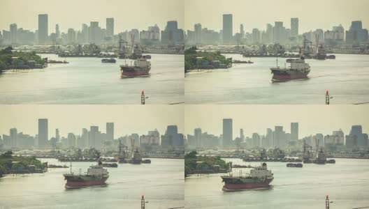 货船在河上的一个大城市高清在线视频素材下载