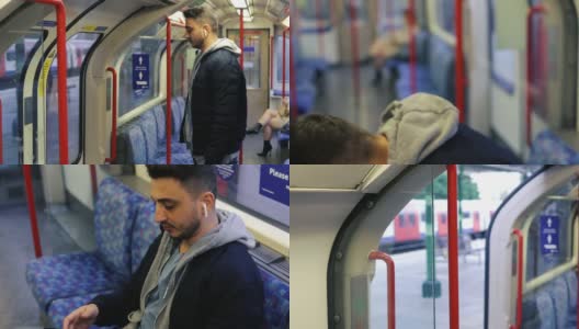那个年轻人正下地铁，一个年轻人上了地铁，坐下来拿起了电话高清在线视频素材下载