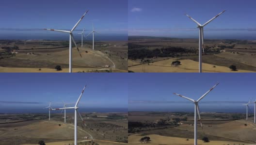 风力涡轮机在一个乡村场景，葡萄牙，阿连特霍。它是一种清洁的燃料来源。风能不像依靠燃烧煤炭或天然气等化石燃料的发电厂那样污染空气。高清在线视频素材下载