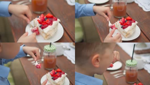 慢镜头:孩子在吃美味的蛋糕高清在线视频素材下载