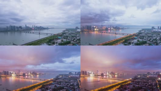 白天，杭州的天际线和现代建筑在河边，时光流逝。高清在线视频素材下载