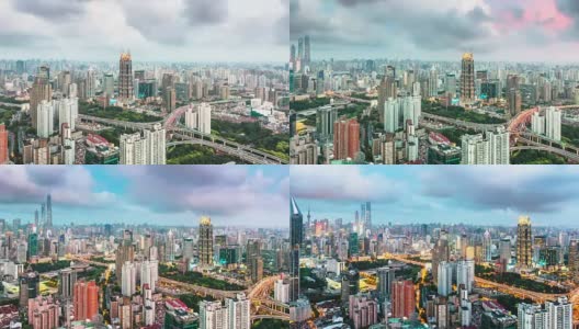 云中上海的城市景观和天际线。时间从早到晚高清在线视频素材下载