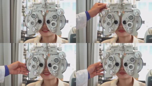 特写:亚洲年轻女子在眼科医生的办公室用专业设备检查她的视力，准备制作光学眼镜高清在线视频素材下载