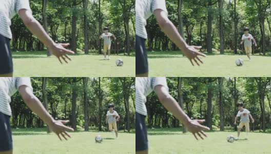 亚洲父亲和儿子在公园草坪上踢足球高清在线视频素材下载