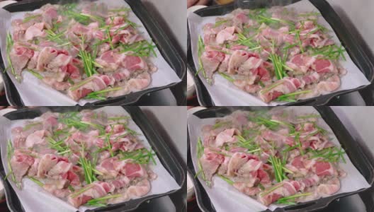 五花肉片，韩国食品高清在线视频素材下载