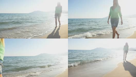美丽的女孩赤脚走在海边高清在线视频素材下载