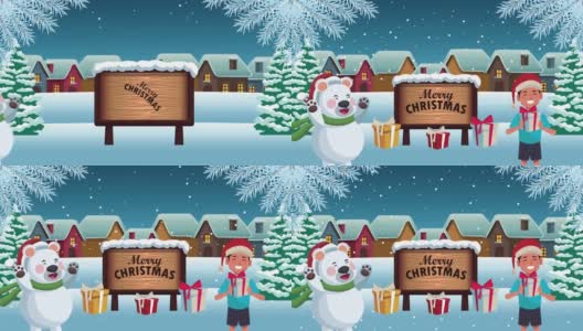 圣诞快乐木制标签上写着小男孩和北极熊高清在线视频素材下载