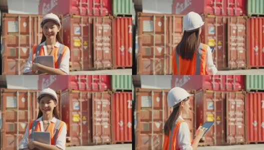 亚洲工程师领班女工人在集装箱货港进行检查，用压片装置装载货物集装箱。码头女工物流进出口船坞概念。高清在线视频素材下载