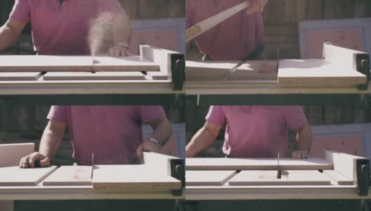 工人正在做细木工在圆锯近景。人用旋转的刀片切割木板，然后走开。慢动作高清在线视频素材下载