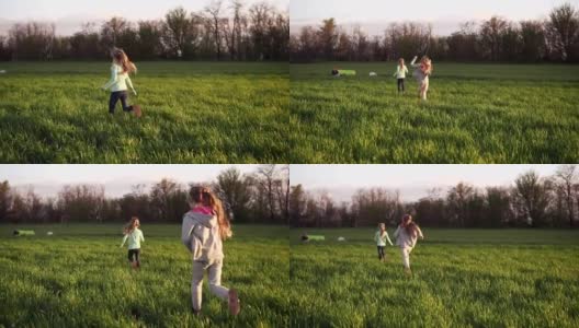 可爱的孩子夫妇在草地上跑步。慢镜头拍摄的是两姐妹像小鸟一样在草地上快乐地奔跑。自由地跳跃高清在线视频素材下载