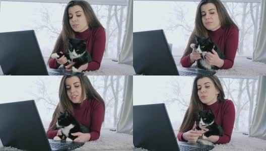 迷人的女主人和猫咪躺在电脑前休息高清在线视频素材下载