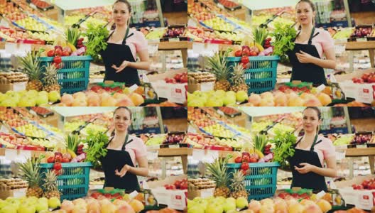 售货员提供新鲜水果和蔬菜高清在线视频素材下载