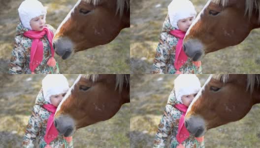 一个小女孩正在抚摸和亲吻那匹马。慢动作高清在线视频素材下载