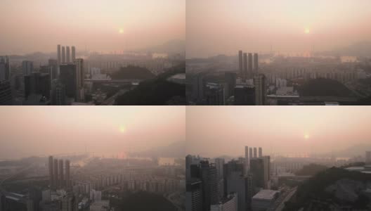 香港航拍v200低空飞过荔枝角地区，日落时可看到船厂景色高清在线视频素材下载