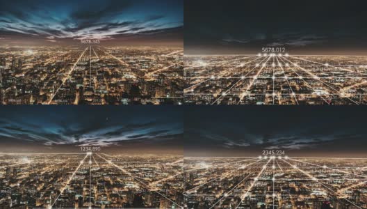 芝加哥城市天际线鸟瞰图和5G网络夜间概念图高清在线视频素材下载