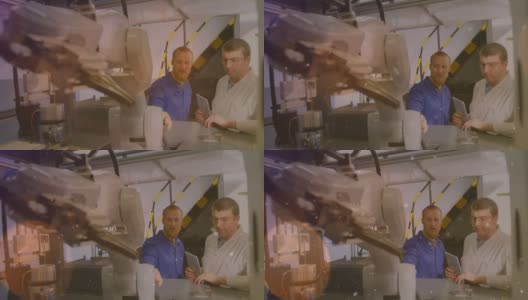 橙色发光点的动画男性科学家与机器人和平板电脑高清在线视频素材下载