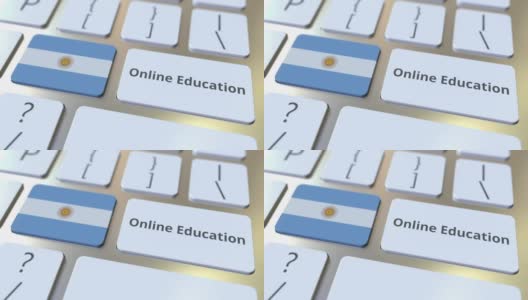 在线教育文本和阿根廷国旗上的按钮上的电脑键盘。与概念3D动画相关的现代专业培训高清在线视频素材下载