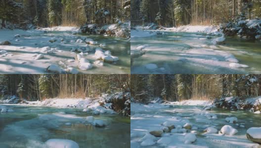 风景秀丽的山河冬季森林无人机飞行在冰天雪地的树顶在巴伐利亚，德国阿尔卑斯山梦幻的天然冰森林。从上方鸟瞰雪树。贝希特斯加登自然户外远足高清在线视频素材下载