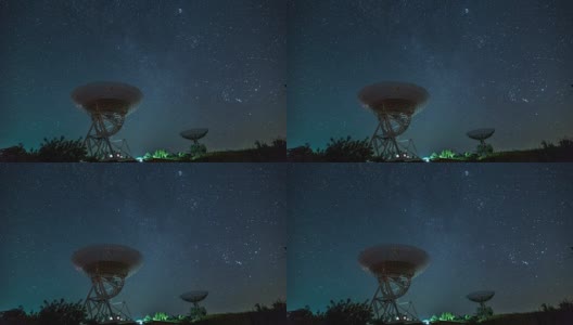 延时-卫星碟形天线在夜晚到达星空(WS LA放大)高清在线视频素材下载