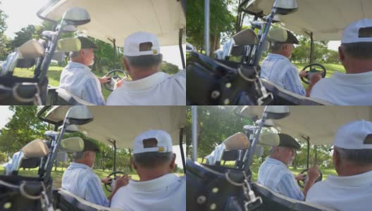 4K亚洲高级男子朋友开着高尔夫球车在夏天阳光明媚的一天高尔夫球场高清在线视频素材下载