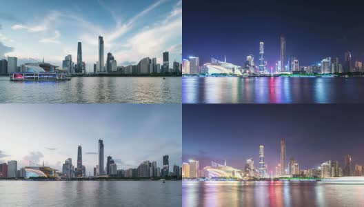 全景天际线，广州的现代建筑日夜在河边高清在线视频素材下载