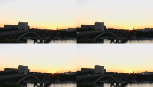 日落时分的大桥和城市景观高清在线视频素材下载