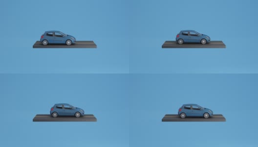 汽车保护和安全保障概念，现代蓝色汽车轿车两厢车在道路上，孤立在蓝色背景上，3d渲染动画循环高清在线视频素材下载