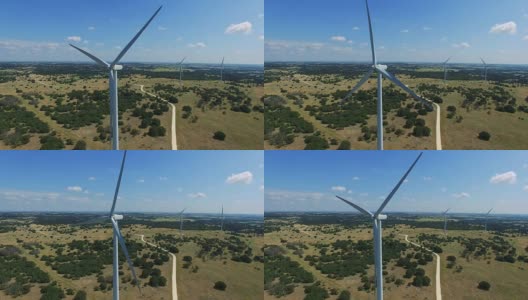 非常近Still无人机拍摄的风力涡轮机农场外的戈德斯韦特，德克萨斯州高清在线视频素材下载