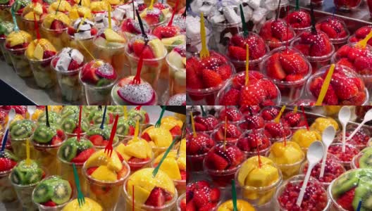 巴塞罗那La Boqueria市场的健康水果沙拉高清在线视频素材下载